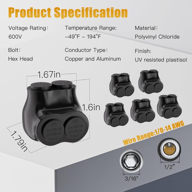 STARELO 6PCS 2 Port Insulated Connector, Single-Sided Splice, Multi Tap Cable Connector for Copper and Aluminum Wires, Slotted Hex, Black Vinyl Coated, Pre-Filled Oxide Inhibitor (1/0-14 AWG) - Image 2